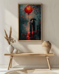 Asian Couple Art, Red Lantern Print, Romantic Night, Impasto Oil Painting, Traditional Chinese Decor, Love Gift, Bridge Scene