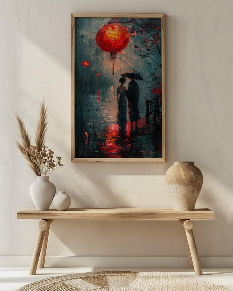 Asian Couple Art, Red Lantern Print, Romantic Night, Impasto Oil Painting, Traditional Chinese Decor, Love Gift, Bridge Scene