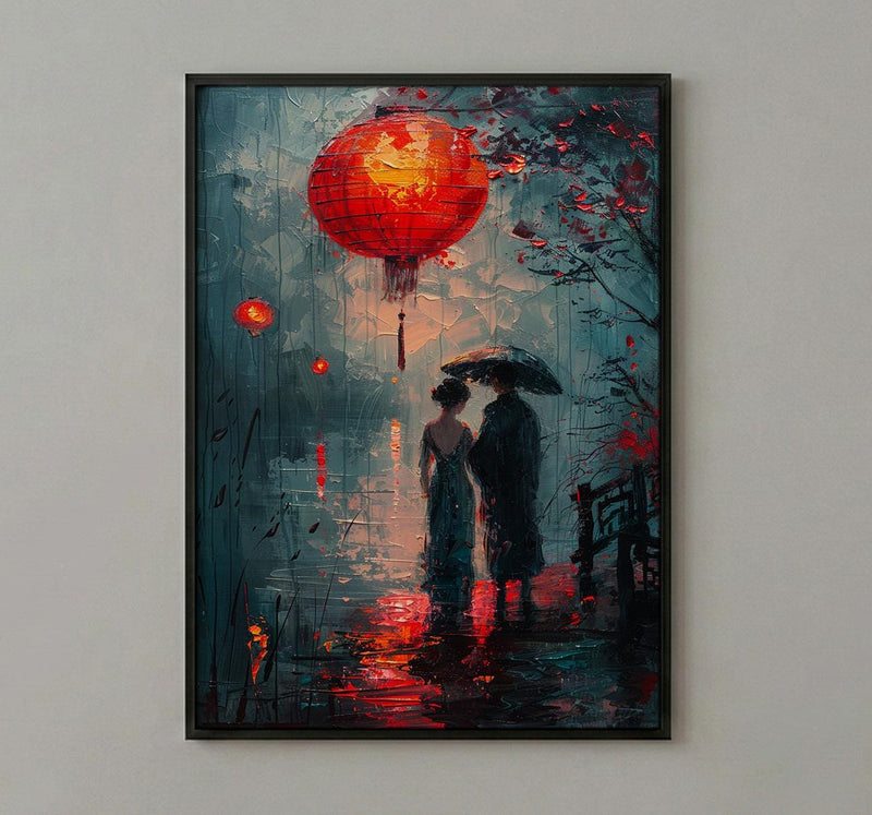 Asian Couple Art, Red Lantern Print, Romantic Night, Impasto Oil Painting, Traditional Chinese Decor, Love Gift, Bridge Scene