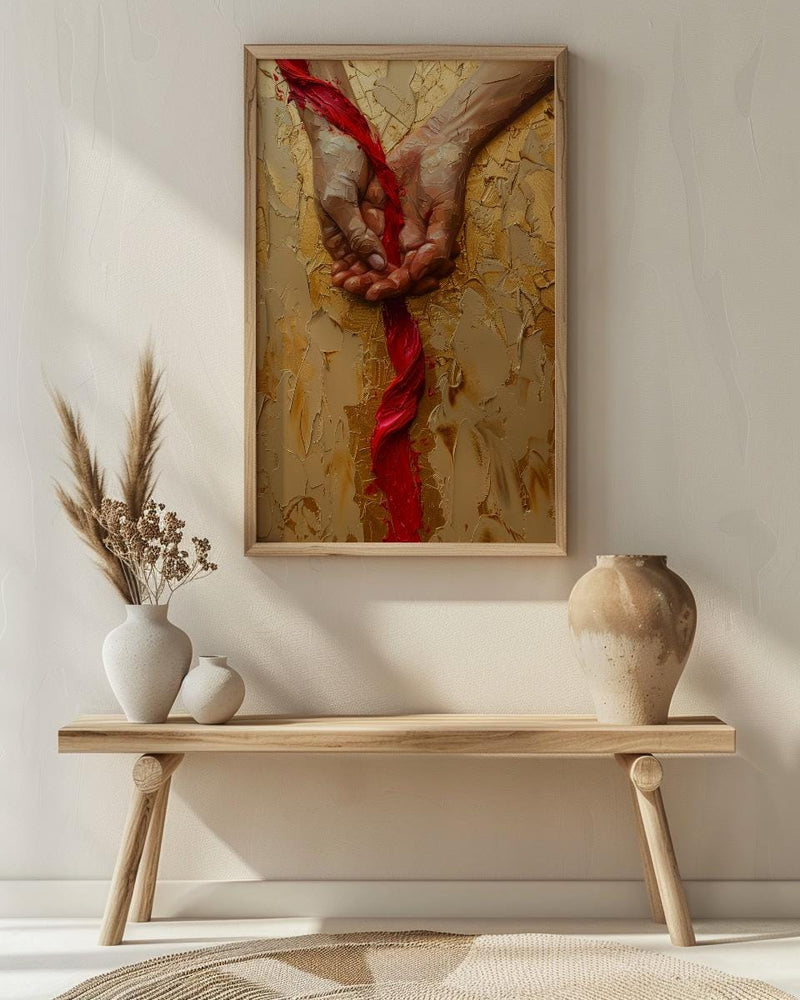 Red Thread of Fate, Soulmate Art, Japanese Legend, Impasto Oil Painting, Minimalist Love Gift, Destiny Print, Hand Gesture