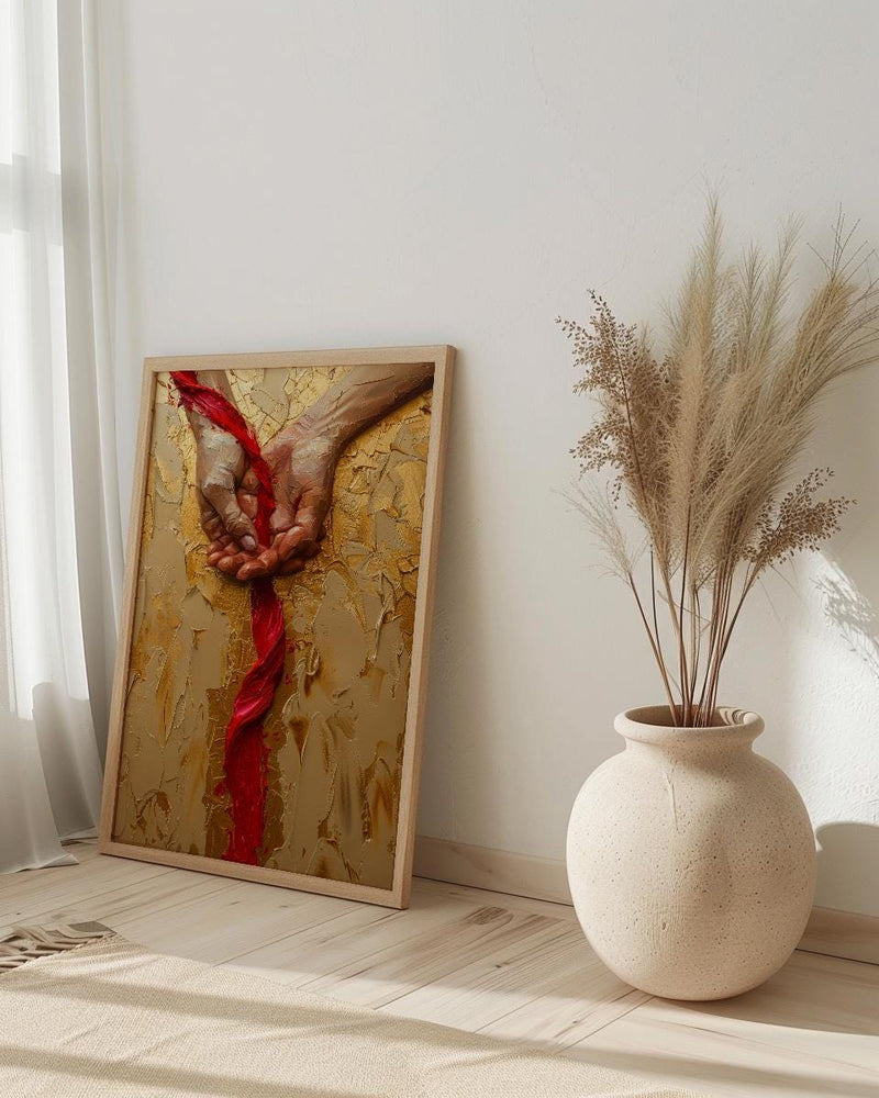 Red Thread of Fate, Soulmate Art, Japanese Legend, Impasto Oil Painting, Minimalist Love Gift, Destiny Print, Hand Gesture