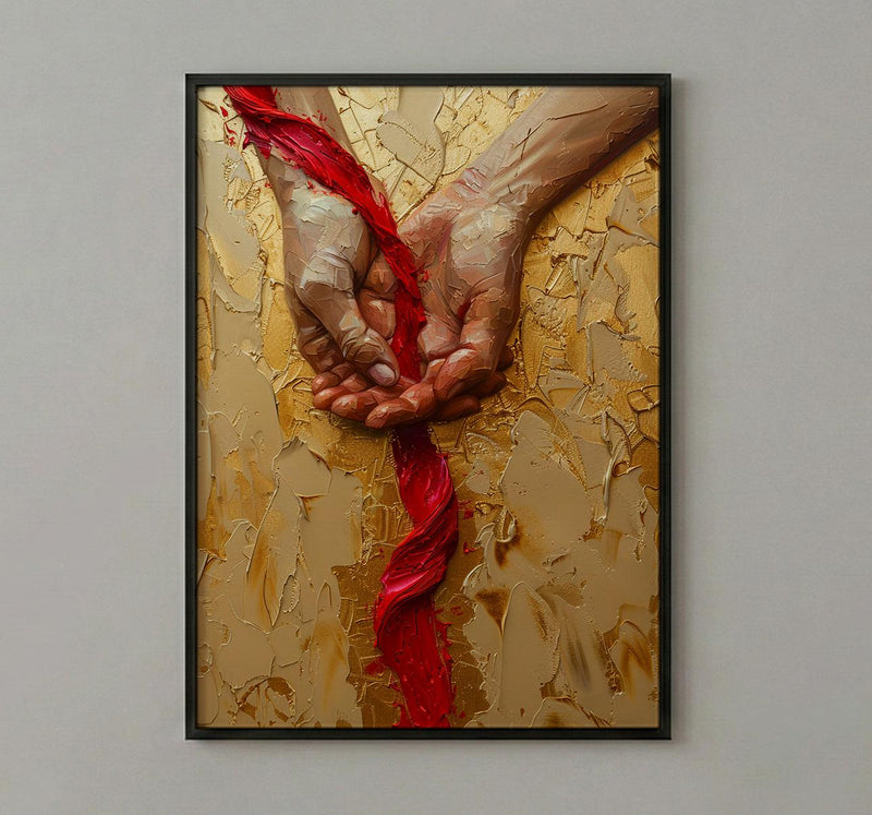 Red Thread of Fate, Soulmate Art, Japanese Legend, Impasto Oil Painting, Minimalist Love Gift, Destiny Print, Hand Gesture