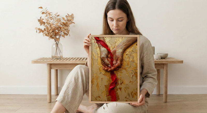 Red Thread of Fate, Soulmate Art, Japanese Legend, Impasto Oil Painting, Minimalist Love Gift, Destiny Print, Hand Gesture