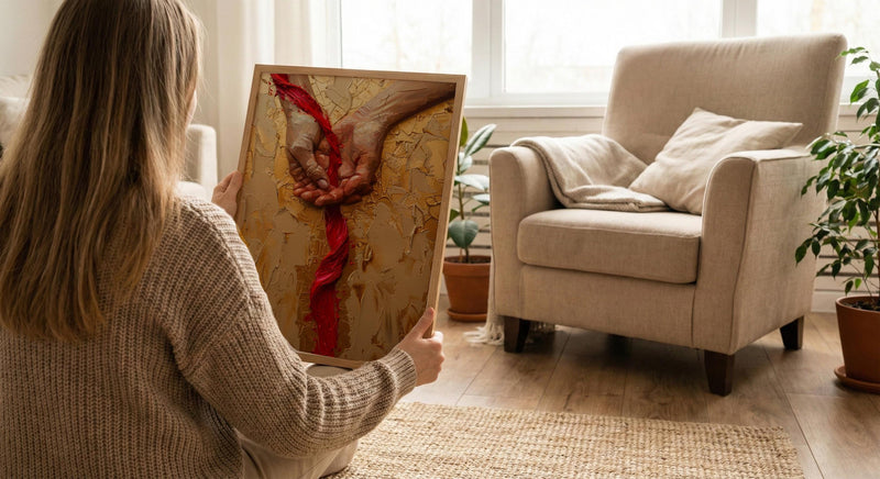 Red Thread of Fate, Soulmate Art, Japanese Legend, Impasto Oil Painting, Minimalist Love Gift, Destiny Print, Hand Gesture