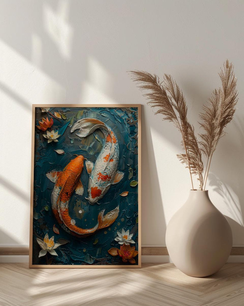 Koi Fish Art, Yin Yang Love, Pond Painting, Impasto Oil Painting, Feng Shui Decor, Zen Garden Print, Good Luck Gift