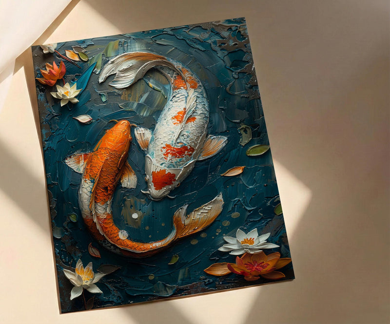 Koi Fish Art, Yin Yang Love, Pond Painting, Impasto Oil Painting, Feng Shui Decor, Zen Garden Print, Good Luck Gift