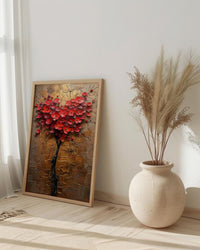 Floral Heart Art, Camellia Flower, Asian Botanical, Impasto Oil Painting, Nature Love, Spring Wall Decor, Gold Leaf Texture