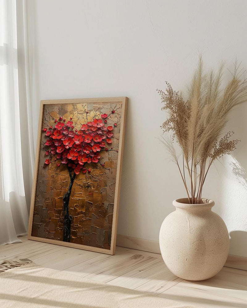 Floral Heart Art, Camellia Flower, Asian Botanical, Impasto Oil Painting, Nature Love, Spring Wall Decor, Gold Leaf Texture