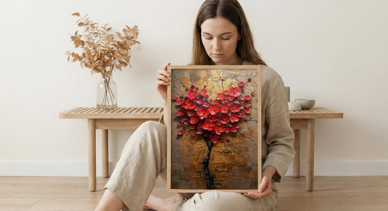 Floral Heart Art, Camellia Flower, Asian Botanical, Impasto Oil Painting, Nature Love, Spring Wall Decor, Gold Leaf Texture