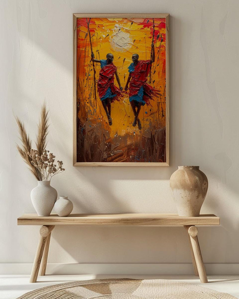 Masai Warrior Art, Kenya Travel Print, African Dance, Impasto Oil Painting, Sunset Silhouette, Cultural Wall Art, Best Friend Gift