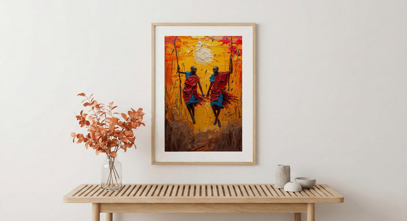 Masai Warrior Art, Kenya Travel Print, African Dance, Impasto Oil Painting, Sunset Silhouette, Cultural Wall Art, Best Friend Gift