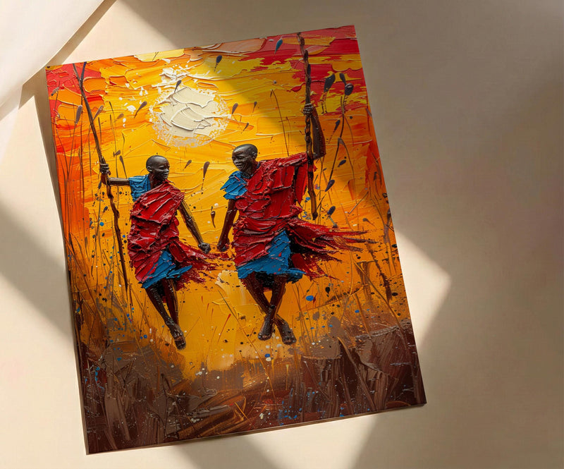 Masai Warrior Art, Kenya Travel Print, African Dance, Impasto Oil Painting, Sunset Silhouette, Cultural Wall Art, Best Friend Gift