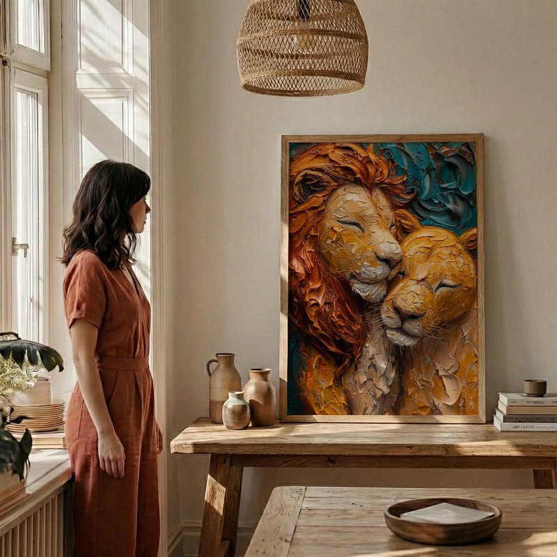 Lion Couple Art, Wildlife Wall Decor, Safari Animal Print, Impasto Oil Painting, King and Queen, New Mom Gift, Golden Manes