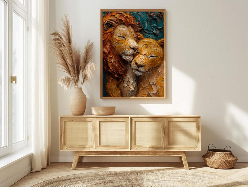 Lion Couple Art, Wildlife Wall Decor, Safari Animal Print, Impasto Oil Painting, King and Queen, New Mom Gift, Golden Manes
