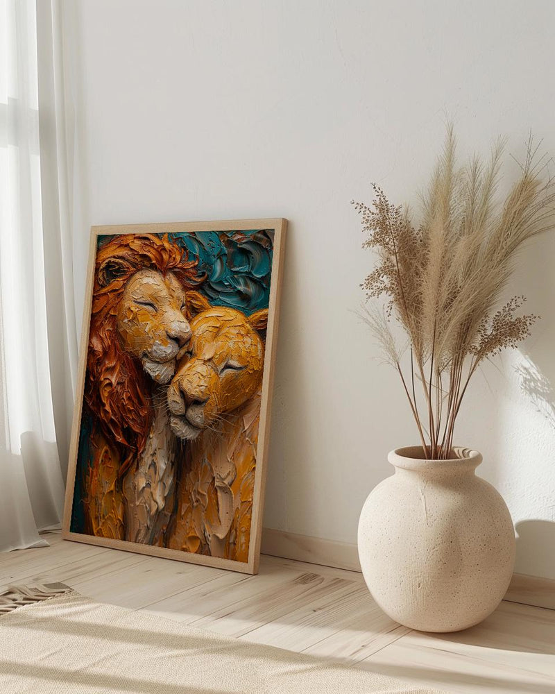 Lion Couple Art, Wildlife Wall Decor, Safari Animal Print, Impasto Oil Painting, King and Queen, New Mom Gift, Golden Manes