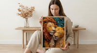 Lion Couple Art, Wildlife Wall Decor, Safari Animal Print, Impasto Oil Painting, King and Queen, New Mom Gift, Golden Manes