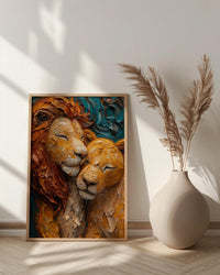 Lion Couple Art, Wildlife Wall Decor, Safari Animal Print, Impasto Oil Painting, King and Queen, New Mom Gift, Golden Manes