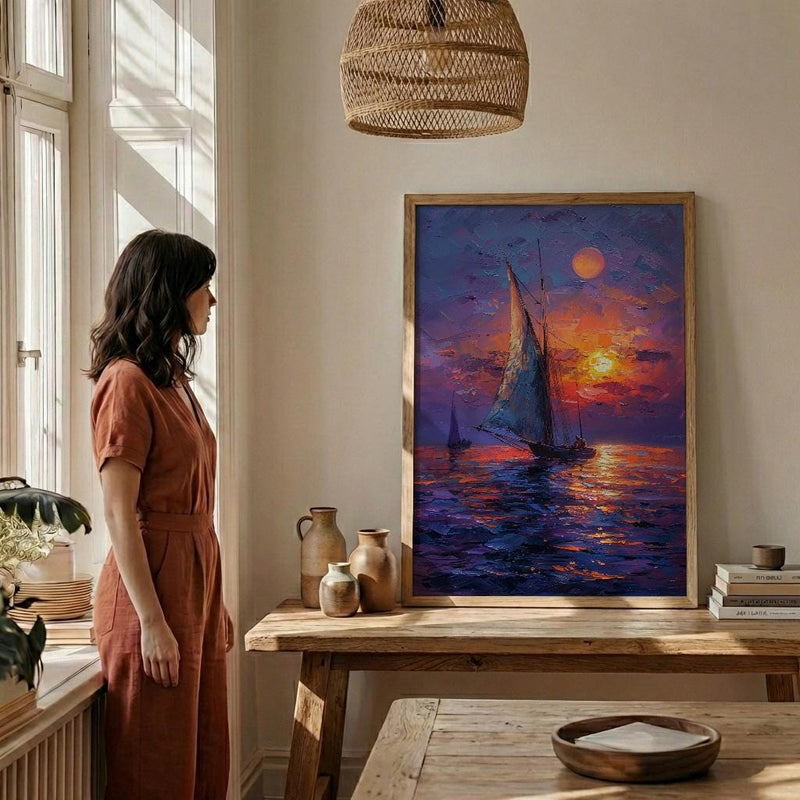 Egypt Wall Art, Nile River Print, Felucca Boat, Impasto Oil Painting, Twilight Landscape, Romantic Travel Gift, Housewarming Gift