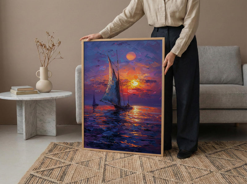 Egypt Wall Art, Nile River Print, Felucca Boat, Impasto Oil Painting, Twilight Landscape, Romantic Travel Gift, Housewarming Gift