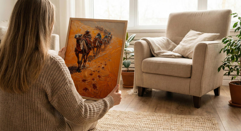 Sahara Desert Art, Camel Caravan Print, Morocco Travel, Impasto Oil Painting, Sand Dunes Decor, Adventure Couple, Housewarming Gift