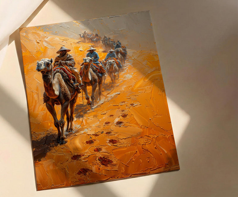 Sahara Desert Art, Camel Caravan Print, Morocco Travel, Impasto Oil Painting, Sand Dunes Decor, Adventure Couple, Housewarming Gift