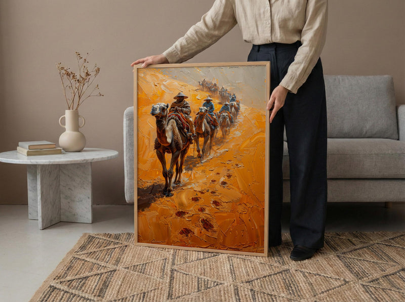 Sahara Desert Art, Camel Caravan Print, Morocco Travel, Impasto Oil Painting, Sand Dunes Decor, Adventure Couple, Housewarming Gift