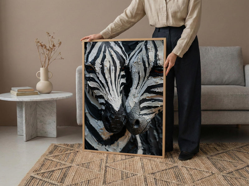 Zebra Print Art, Black and White Heart, Modern Safari Decor, Impasto Oil Painting, Animal Pattern, Baby Shower Gift, Abstract