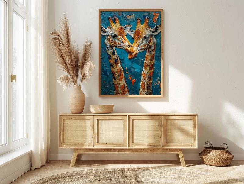 Giraffe Wall Art, Safari Nursery Decor, Cute Animal Print, Impasto Oil Painting, Blue Sky Art, New Mom Gift, Gentle Giants