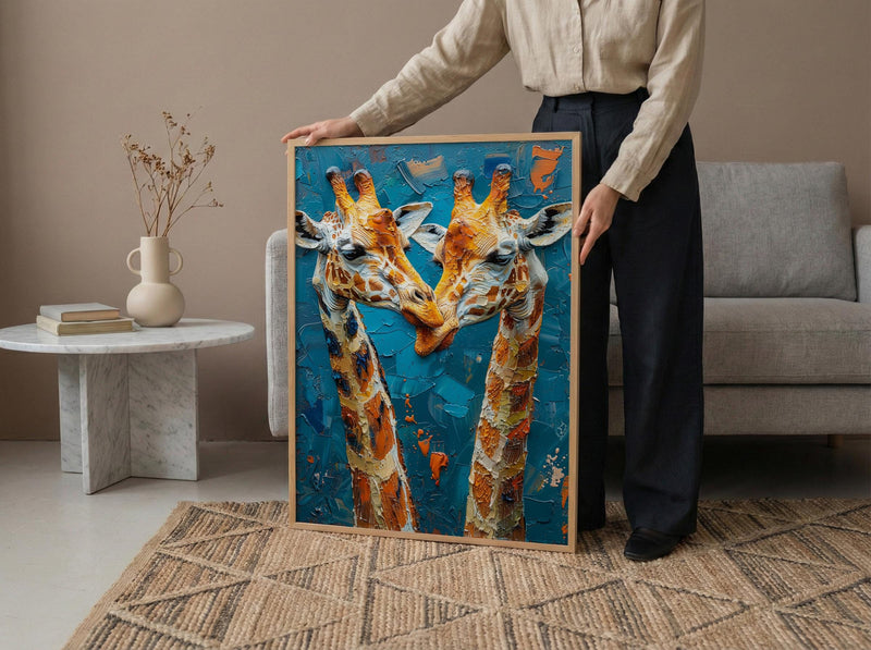 Giraffe Wall Art, Safari Nursery Decor, Cute Animal Print, Impasto Oil Painting, Blue Sky Art, New Mom Gift, Gentle Giants