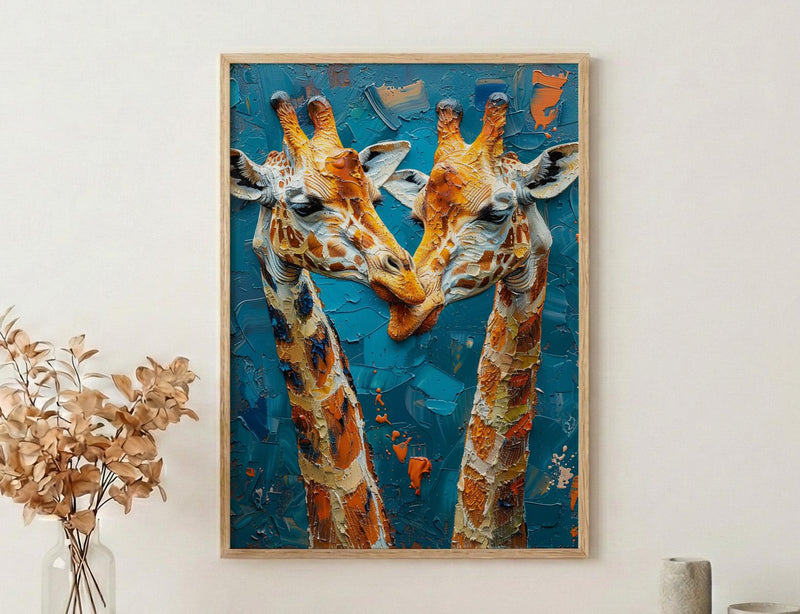 Giraffe Wall Art, Safari Nursery Decor, Cute Animal Print, Impasto Oil Painting, Blue Sky Art, New Mom Gift, Gentle Giants