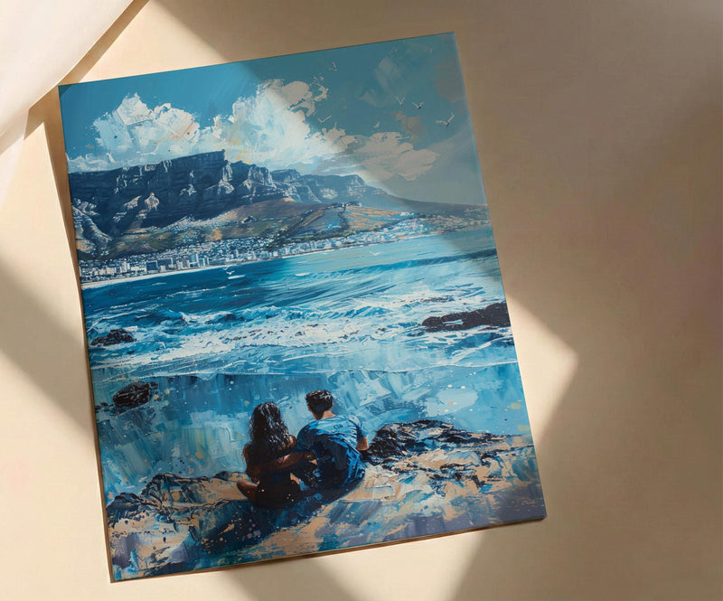 Cape Town Art, South Africa Print, Table Mountain, Impasto Oil Painting, Coastal Landscape, Travel Gift, Engagement Gift
