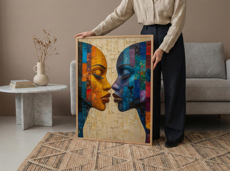 African Mask Art, Tribal Wall Decor, Geometric Pattern, Impasto Oil Painting, Heritage Print, Bold Colors, Wedding Gift
