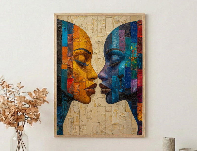 African Mask Art, Tribal Wall Decor, Geometric Pattern, Impasto Oil Painting, Heritage Print, Bold Colors, Wedding Gift