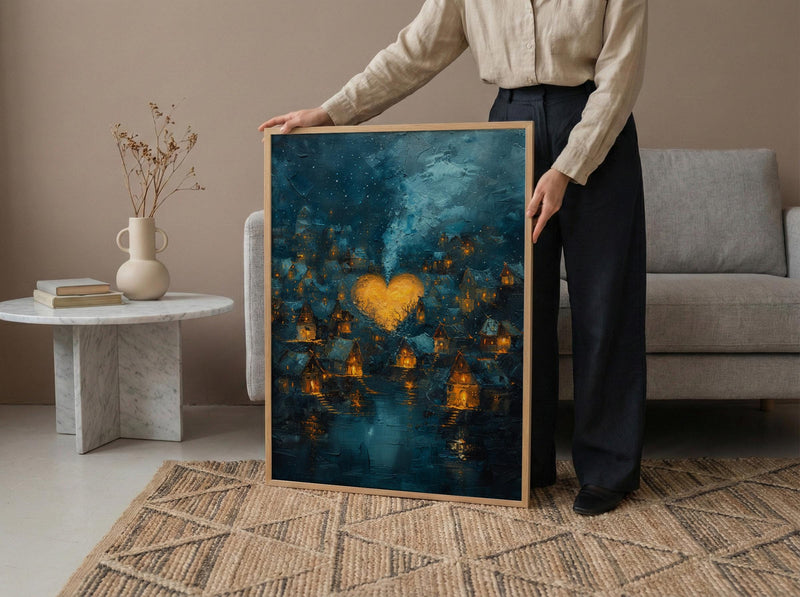 African Village Art, Starry Night Print, Hut Landscape, Impasto Oil Painting, Night Sky Decor, Cozy Home, Anniversary Gift