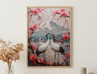 Japanese Art Print, Sakura Heart, Cherry Blossom Decor, Impasto Oil Painting, Crane Bird Art, Zen Wall Decor, Pink Floral, Wedding Gift