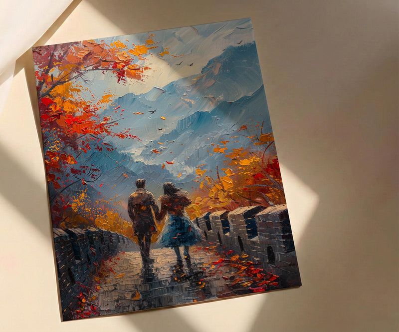 Great Wall of China Art, Sunset Landscape, Travel Poster, Impasto Oil Painting, Autumn Colors, Wedding Gift, History