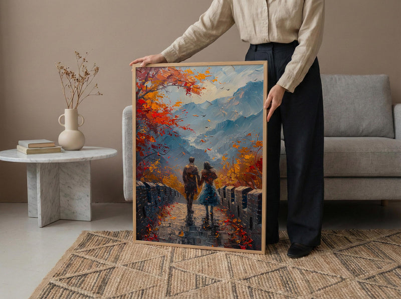 Great Wall of China Art, Sunset Landscape, Travel Poster, Impasto Oil Painting, Autumn Colors, Wedding Gift, History