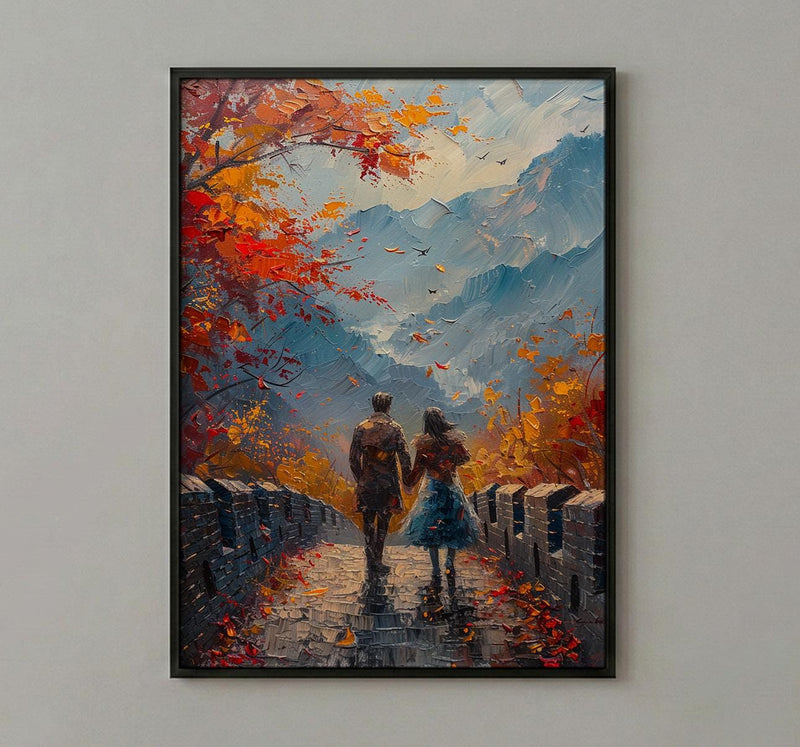 Great Wall of China Art, Sunset Landscape, Travel Poster, Impasto Oil Painting, Autumn Colors, Wedding Gift, History