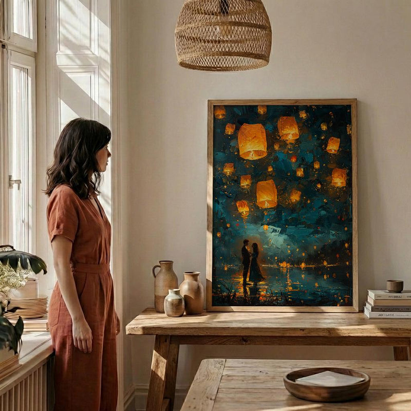 Thailand Wall Art, Floating Lantern Print, Yi Peng Festival, Impasto Oil Painting, Magical Night, Engagement Gift, Chiang Mai