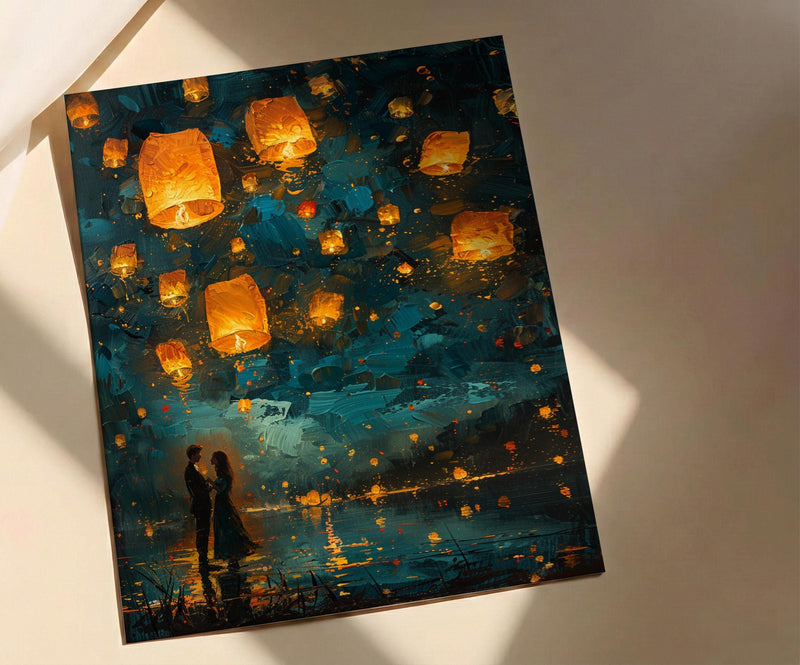 Thailand Wall Art, Floating Lantern Print, Yi Peng Festival, Impasto Oil Painting, Magical Night, Engagement Gift, Chiang Mai