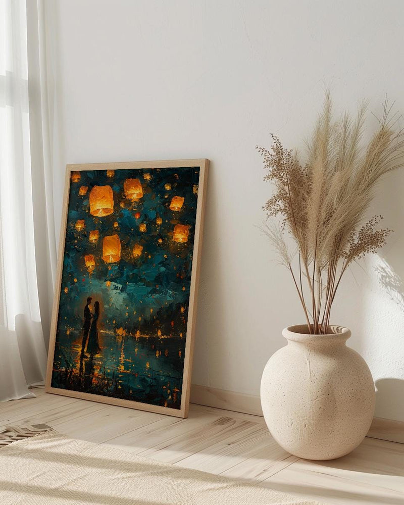 Thailand Wall Art, Floating Lantern Print, Yi Peng Festival, Impasto Oil Painting, Magical Night, Engagement Gift, Chiang Mai