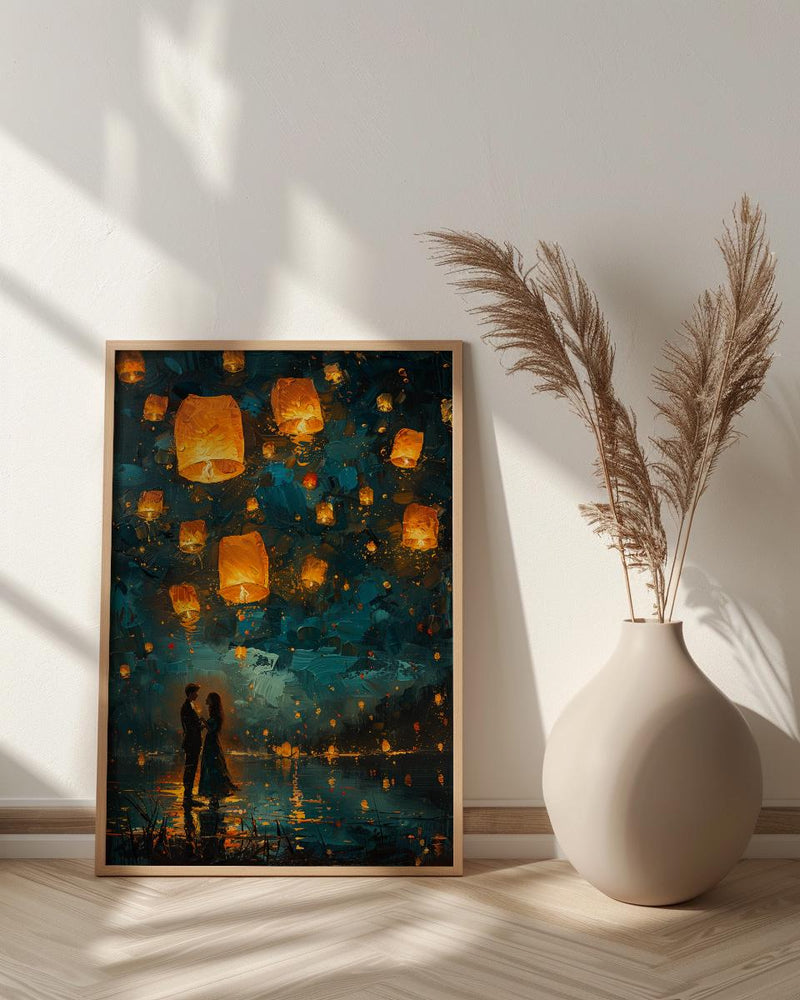 Thailand Wall Art, Floating Lantern Print, Yi Peng Festival, Impasto Oil Painting, Magical Night, Engagement Gift, Chiang Mai