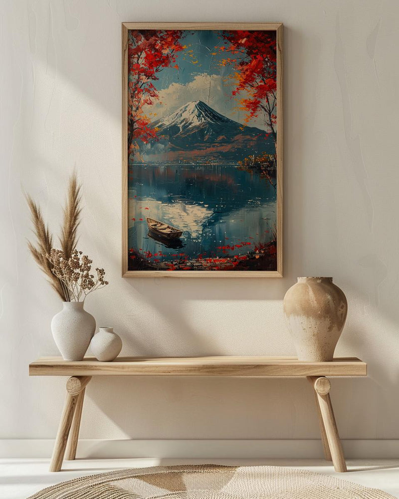 Mount Fuji Art, Japan Landscape Print, Red Maple, Impasto Oil Painting, Lake Reflection, Zen Decor, Travel Lover Gift