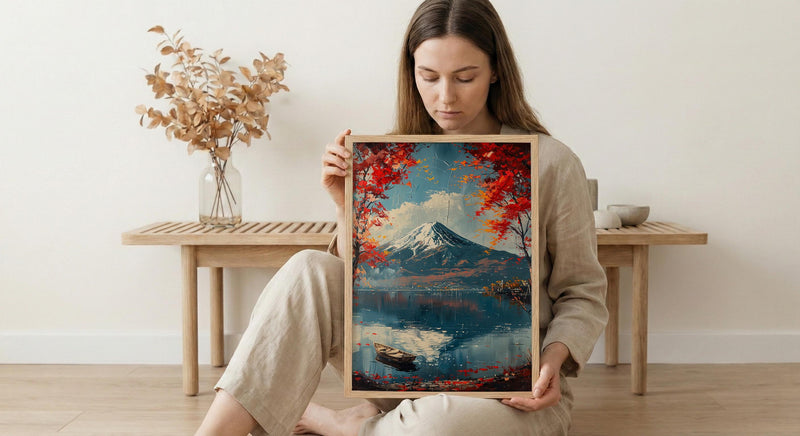 Mount Fuji Art, Japan Landscape Print, Red Maple, Impasto Oil Painting, Lake Reflection, Zen Decor, Travel Lover Gift