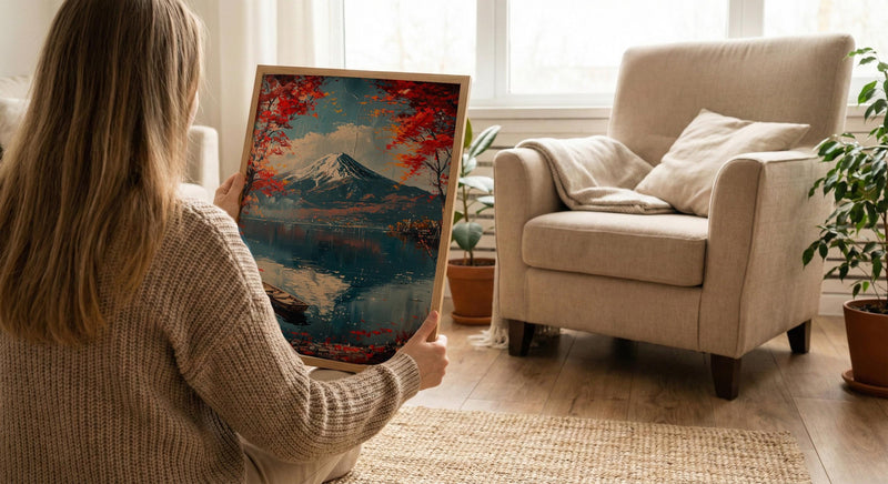 Mount Fuji Art, Japan Landscape Print, Red Maple, Impasto Oil Painting, Lake Reflection, Zen Decor, Travel Lover Gift