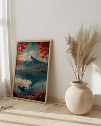 Mount Fuji Art, Japan Landscape Print, Red Maple, Impasto Oil Painting, Lake Reflection, Zen Decor, Travel Lover Gift