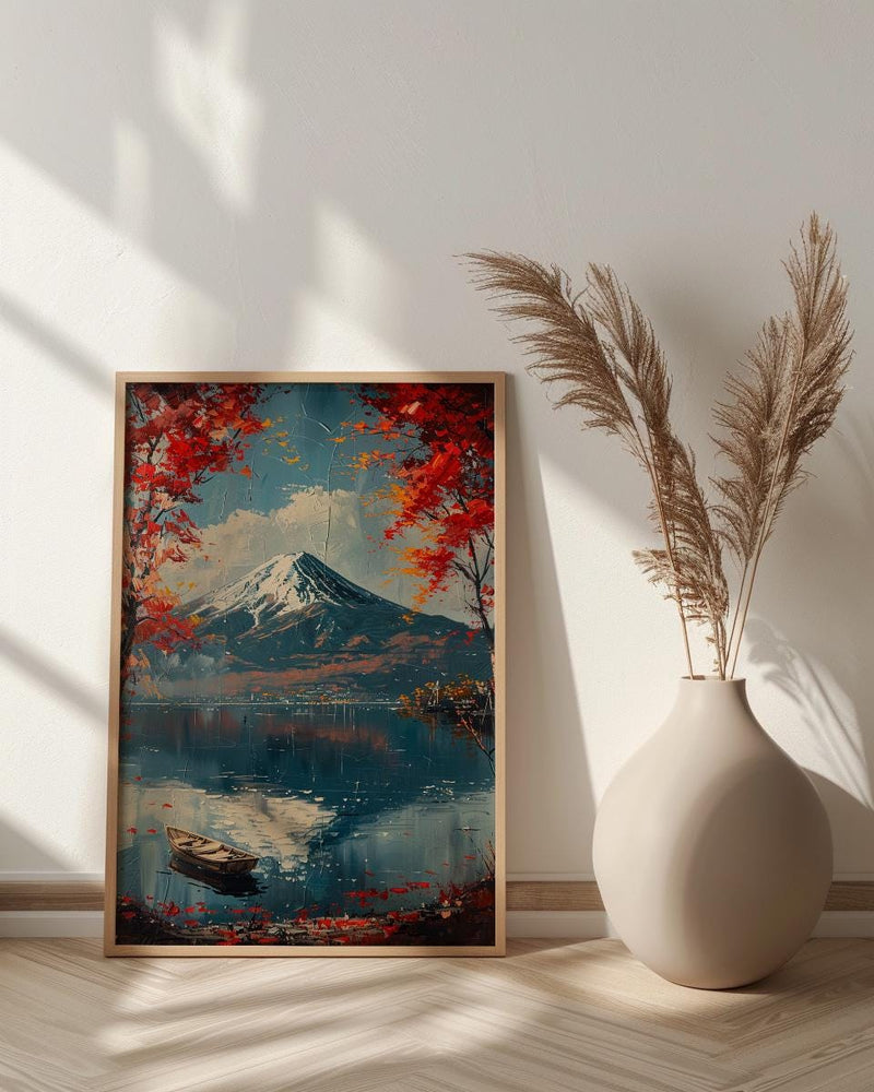 Mount Fuji Art, Japan Landscape Print, Red Maple, Impasto Oil Painting, Lake Reflection, Zen Decor, Travel Lover Gift