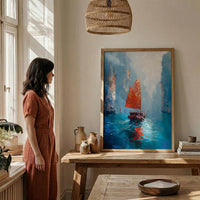 Halong Bay Art, Vietnam Travel Print, Junk Boat Painting, Impasto Oil Painting, Turquoise Water, Wedding Gift, Seascape