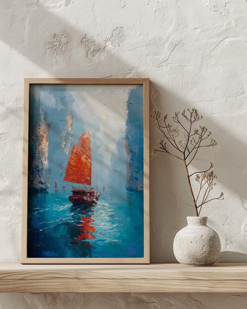 Halong Bay Art, Vietnam Travel Print, Junk Boat Painting, Impasto Oil Painting, Turquoise Water, Wedding Gift, Seascape