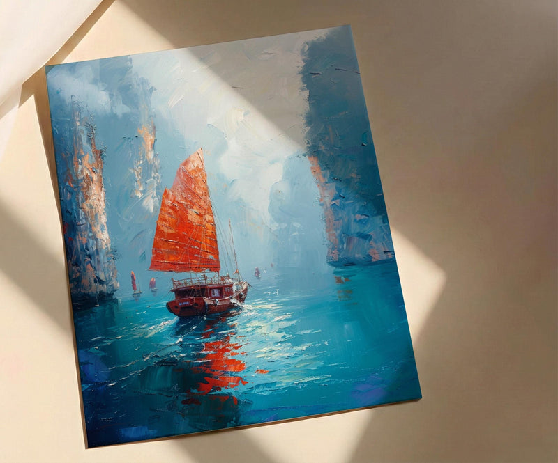 Halong Bay Art, Vietnam Travel Print, Junk Boat Painting, Impasto Oil Painting, Turquoise Water, Wedding Gift, Seascape